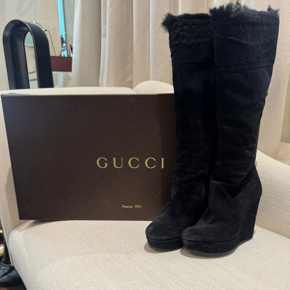 Gucci Black Suede Over-the-Knee Wedge Boots